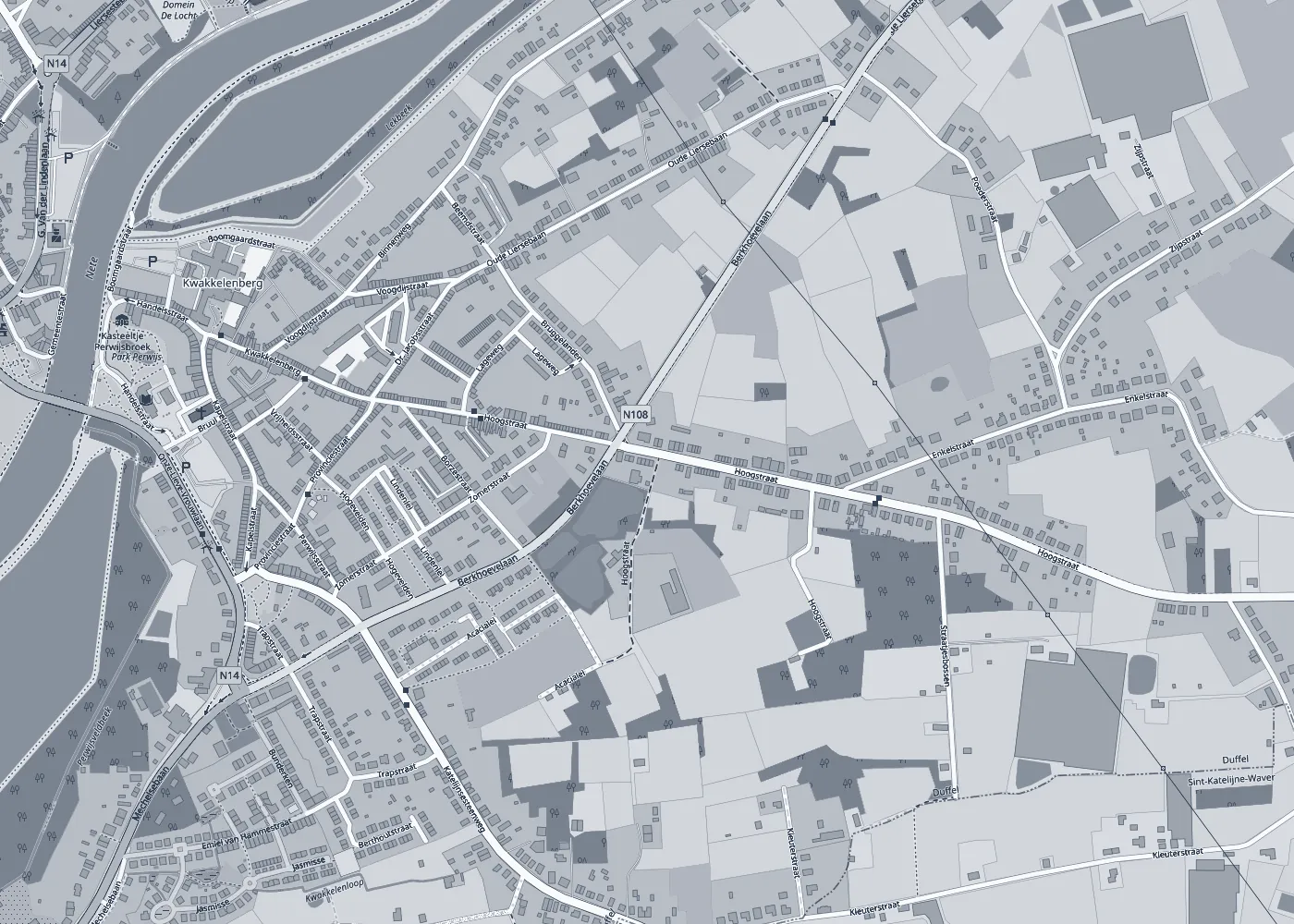 Kaart van Duffel met de Hoogstraat, de Berkhoevelaan (N108) en de Nete